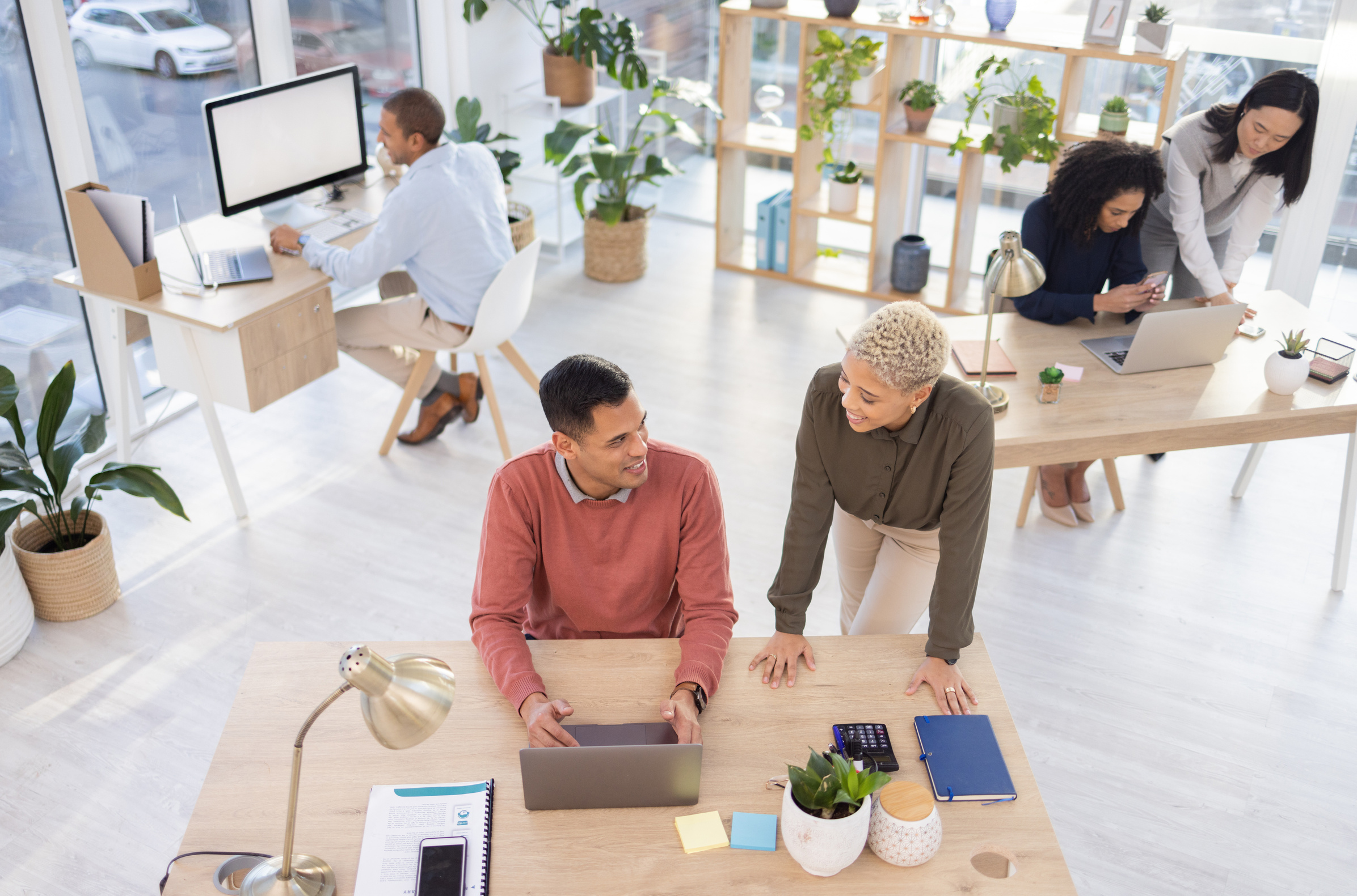 Leadership, Help or Manager Coaching a Worker in Startup or Group Project in a Digital Marketing Agency. Team, Laptop or Black Woman Helping, Talking or Speaking of Our Vision or Branding Direction