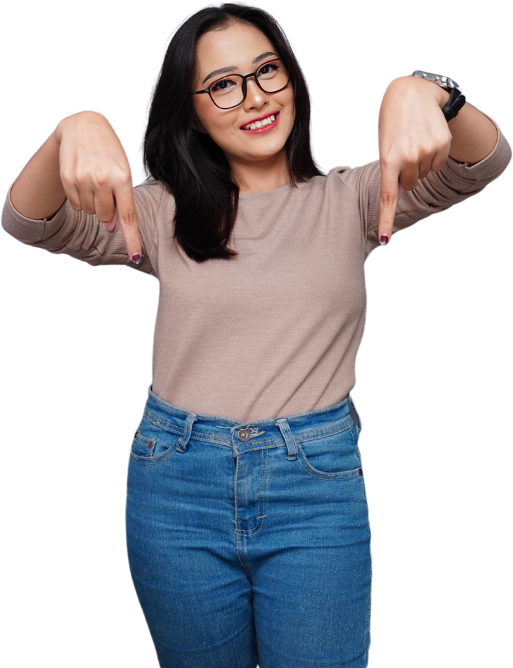 Cheerful Young Asian Woman Pointing Down